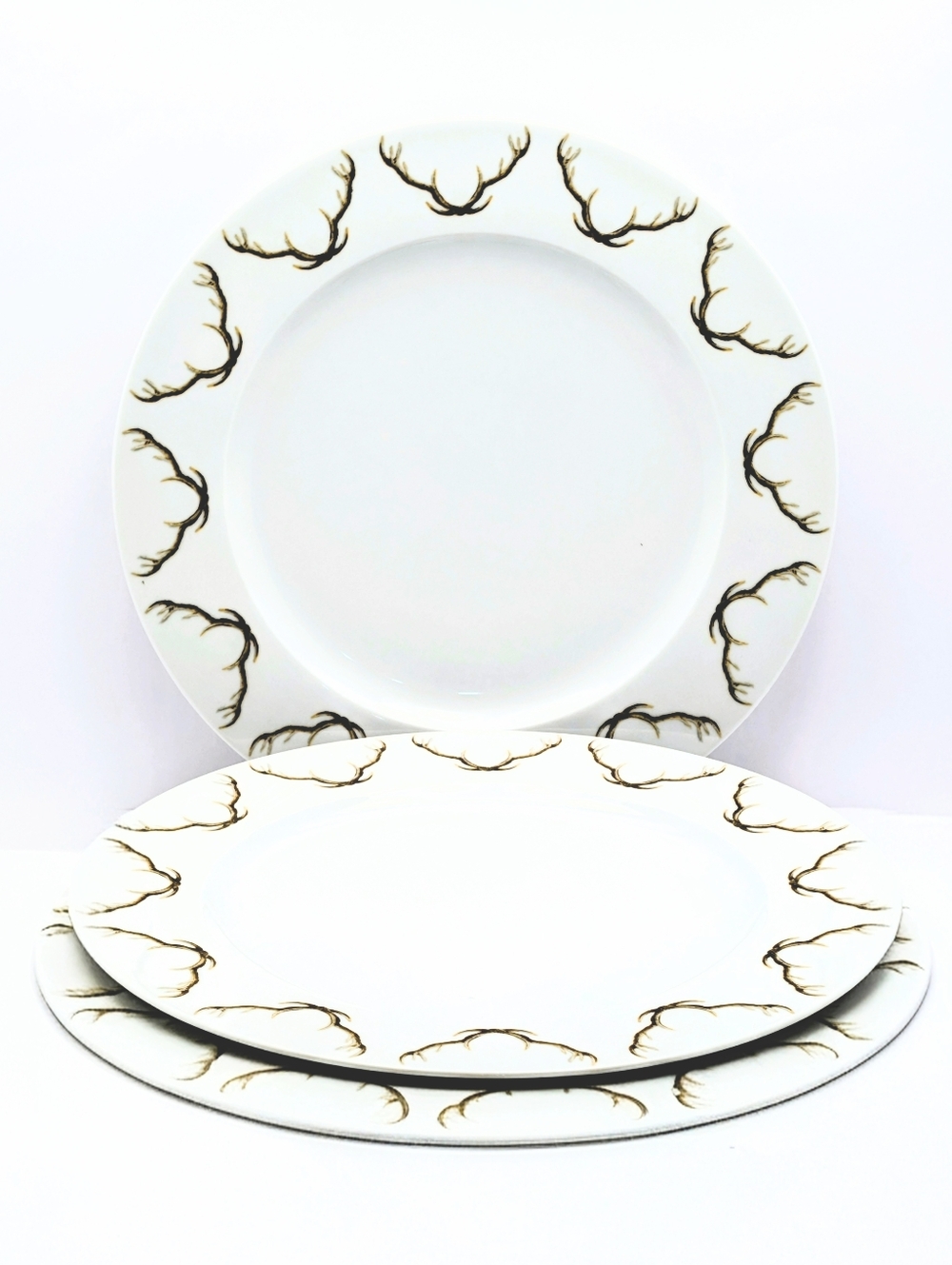(Part 1 of 2) Chehoma Antler Dinner Plates Set of 3 - Rustic Lodge